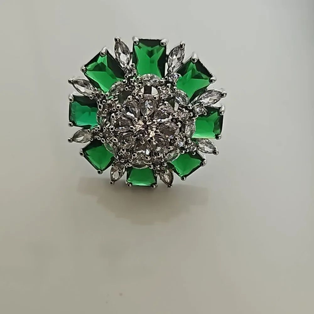 Emeald Large Bold Cocktail Stainless Ring With White Stone & Green